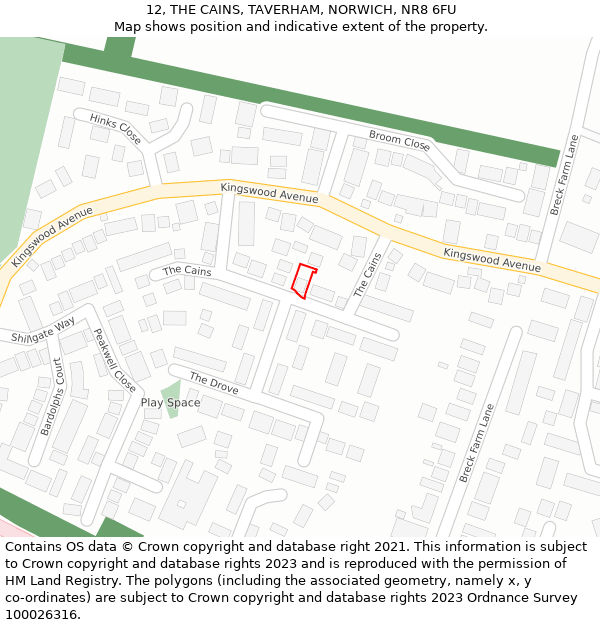 12, THE CAINS, TAVERHAM, NORWICH, NR8 6FU: Location map and indicative extent of plot