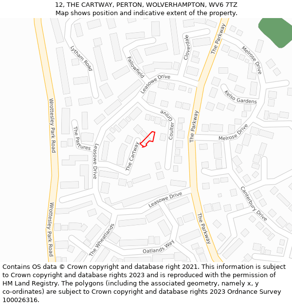 12, THE CARTWAY, PERTON, WOLVERHAMPTON, WV6 7TZ: Location map and indicative extent of plot