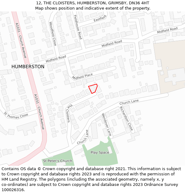 12, THE CLOISTERS, HUMBERSTON, GRIMSBY, DN36 4HT: Location map and indicative extent of plot