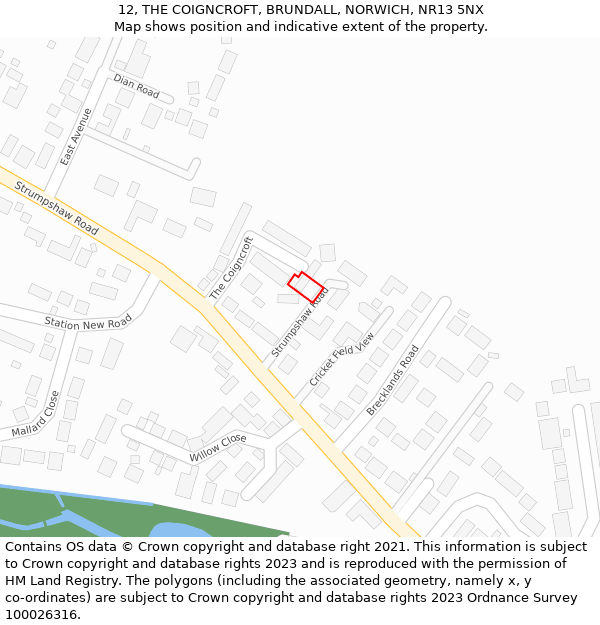 12, THE COIGNCROFT, BRUNDALL, NORWICH, NR13 5NX: Location map and indicative extent of plot