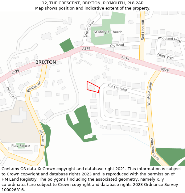 12, THE CRESCENT, BRIXTON, PLYMOUTH, PL8 2AP: Location map and indicative extent of plot