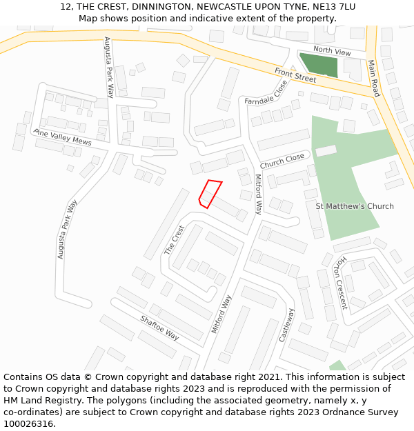 12, THE CREST, DINNINGTON, NEWCASTLE UPON TYNE, NE13 7LU: Location map and indicative extent of plot