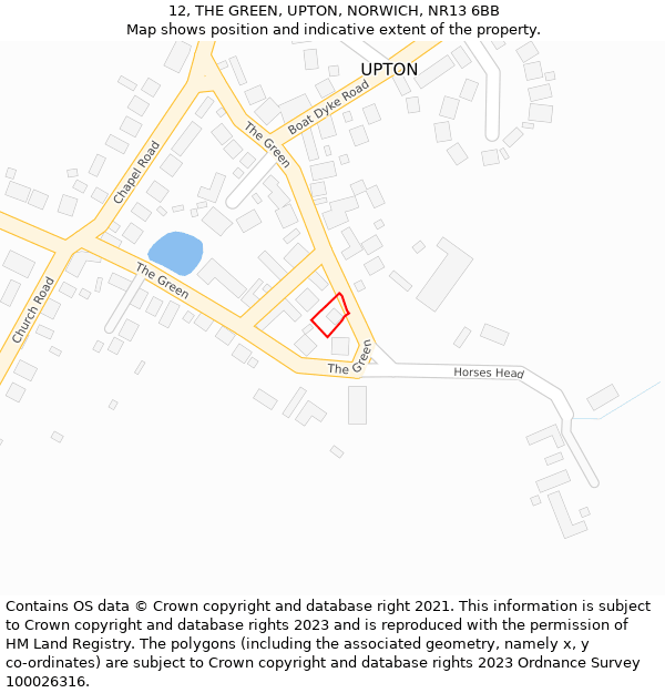 12, THE GREEN, UPTON, NORWICH, NR13 6BB: Location map and indicative extent of plot