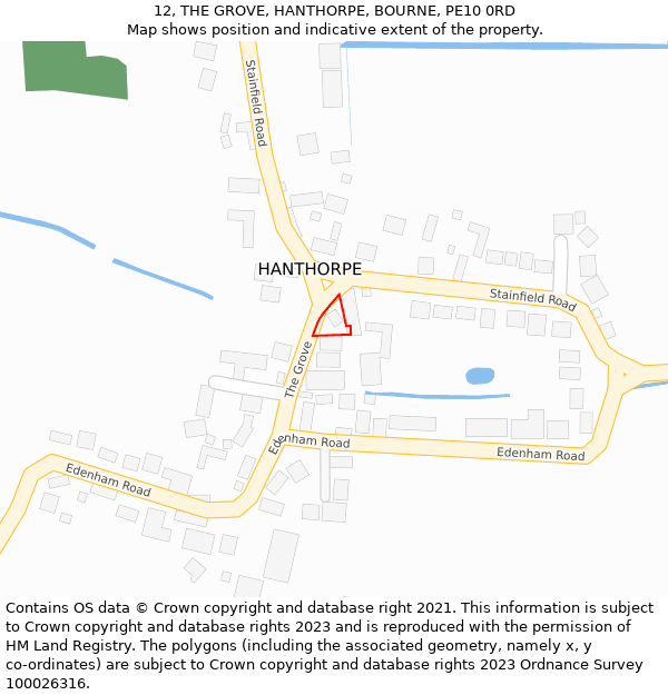 12, THE GROVE, HANTHORPE, BOURNE, PE10 0RD: Location map and indicative extent of plot