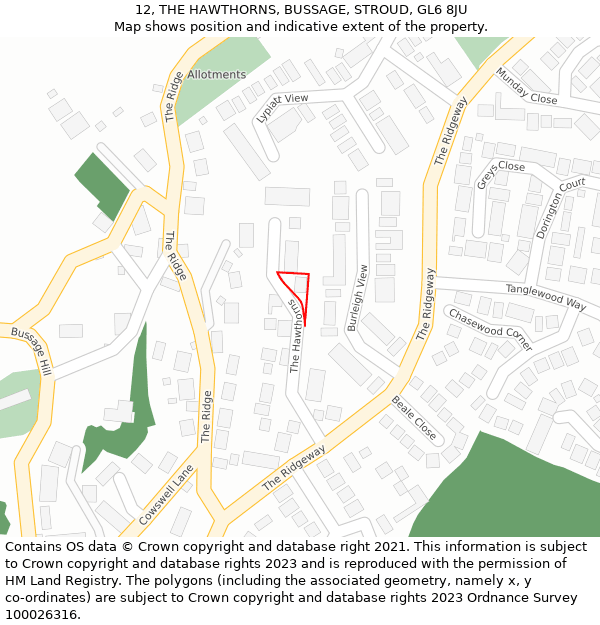 12, THE HAWTHORNS, BUSSAGE, STROUD, GL6 8JU: Location map and indicative extent of plot