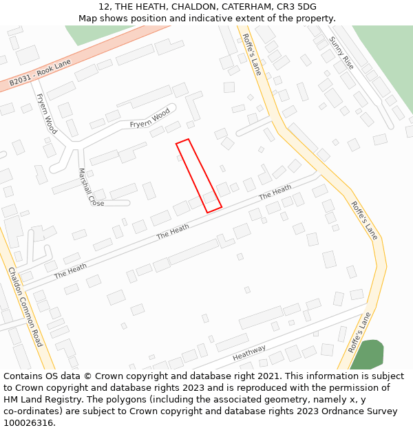 12, THE HEATH, CHALDON, CATERHAM, CR3 5DG: Location map and indicative extent of plot