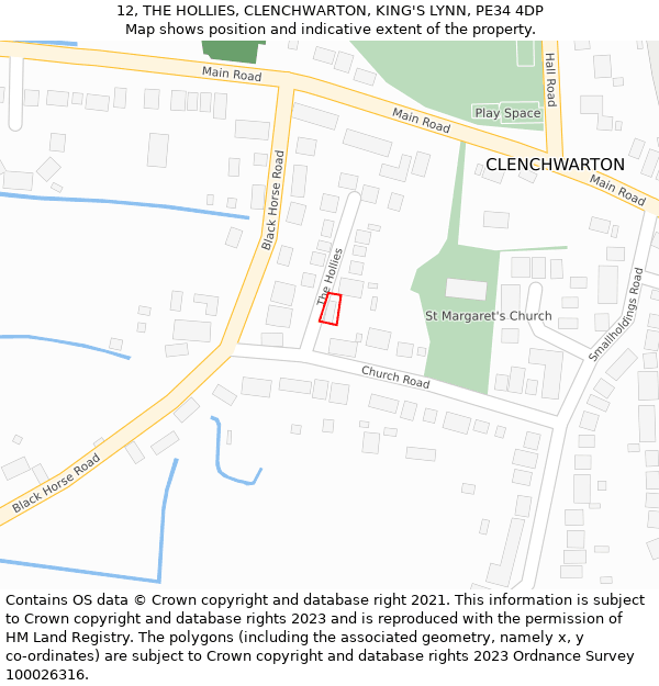 12, THE HOLLIES, CLENCHWARTON, KING'S LYNN, PE34 4DP: Location map and indicative extent of plot