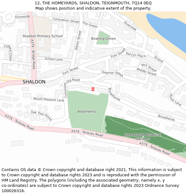 12, THE HOMEYARDS, SHALDON, TEIGNMOUTH, TQ14 0EQ: Location map and indicative extent of plot