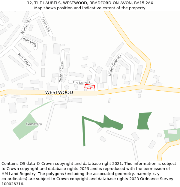 12, THE LAURELS, WESTWOOD, BRADFORD-ON-AVON, BA15 2AX: Location map and indicative extent of plot