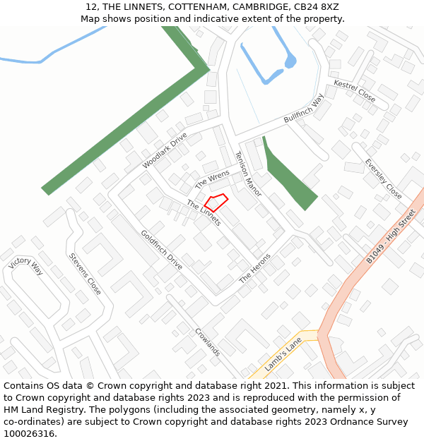 12, THE LINNETS, COTTENHAM, CAMBRIDGE, CB24 8XZ: Location map and indicative extent of plot