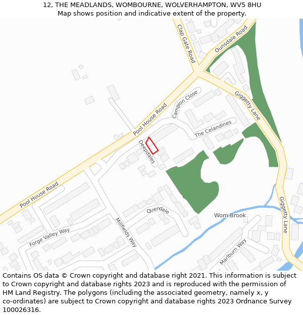 12, THE MEADLANDS, WOMBOURNE, WOLVERHAMPTON, WV5 8HU: Location map and indicative extent of plot