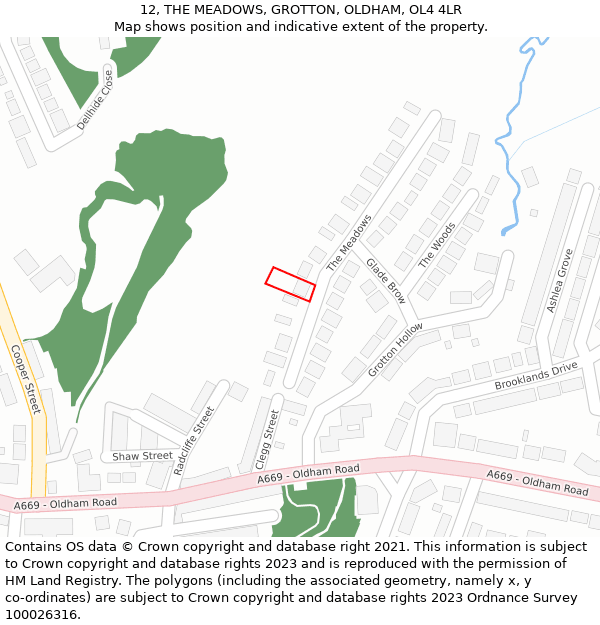 12, THE MEADOWS, GROTTON, OLDHAM, OL4 4LR: Location map and indicative extent of plot