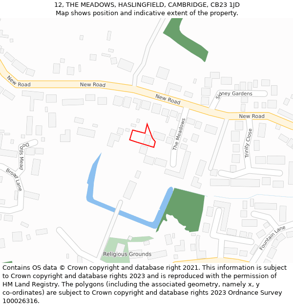 12, THE MEADOWS, HASLINGFIELD, CAMBRIDGE, CB23 1JD: Location map and indicative extent of plot