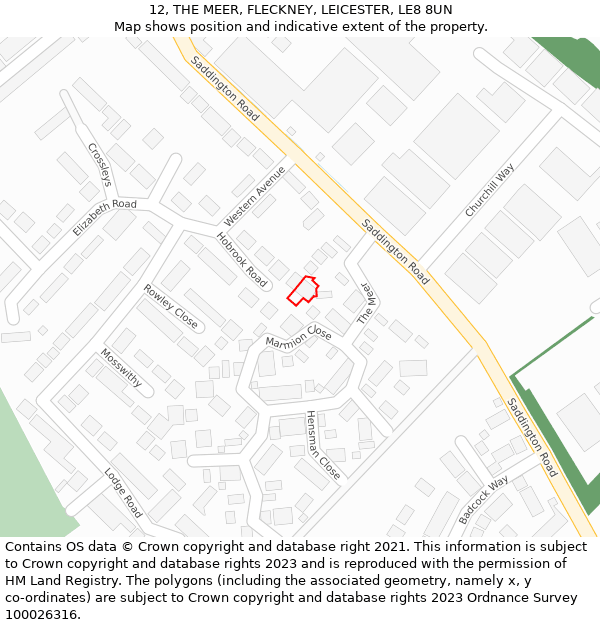 12, THE MEER, FLECKNEY, LEICESTER, LE8 8UN: Location map and indicative extent of plot