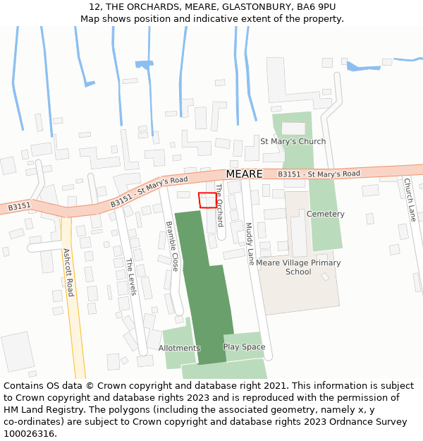 12, THE ORCHARDS, MEARE, GLASTONBURY, BA6 9PU: Location map and indicative extent of plot