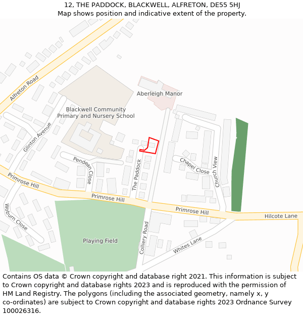 12, THE PADDOCK, BLACKWELL, ALFRETON, DE55 5HJ: Location map and indicative extent of plot