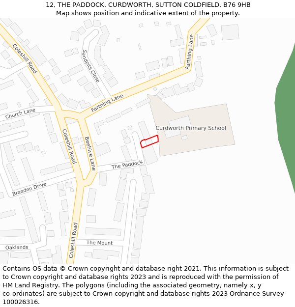 12, THE PADDOCK, CURDWORTH, SUTTON COLDFIELD, B76 9HB: Location map and indicative extent of plot