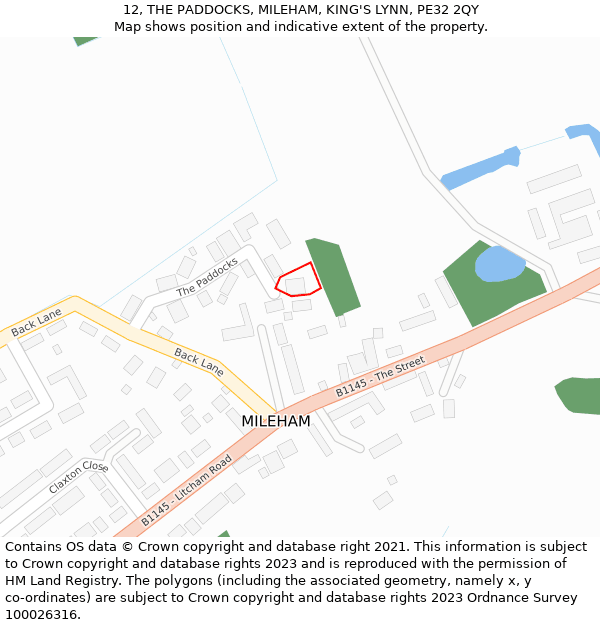 12, THE PADDOCKS, MILEHAM, KING'S LYNN, PE32 2QY: Location map and indicative extent of plot