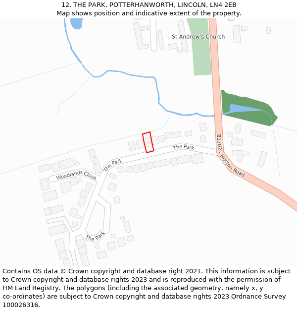 12, THE PARK, POTTERHANWORTH, LINCOLN, LN4 2EB: Location map and indicative extent of plot