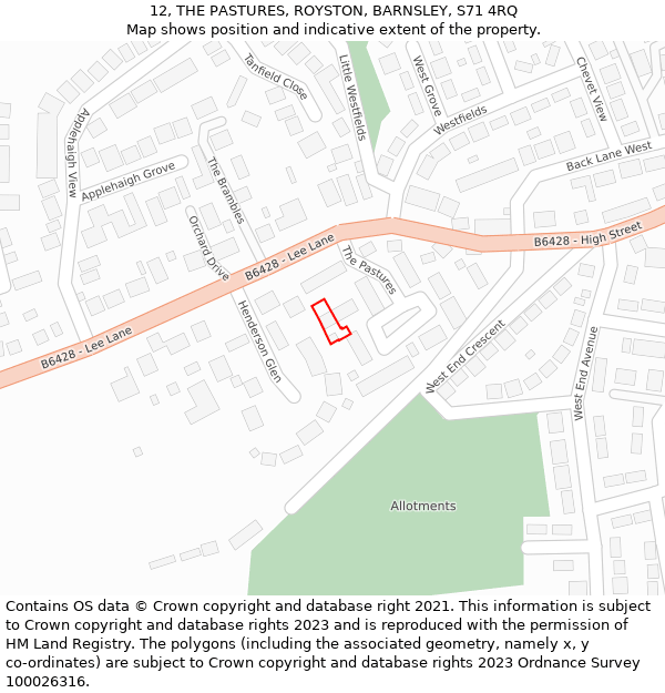 12, THE PASTURES, ROYSTON, BARNSLEY, S71 4RQ: Location map and indicative extent of plot