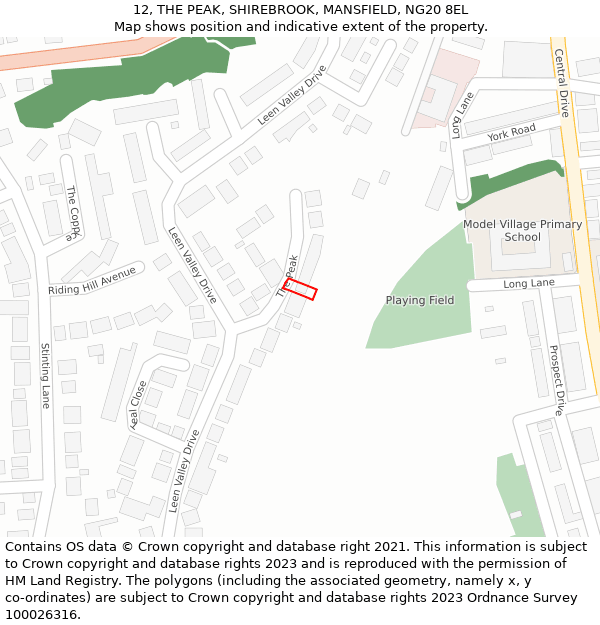 12, THE PEAK, SHIREBROOK, MANSFIELD, NG20 8EL: Location map and indicative extent of plot