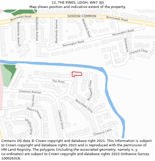 12, THE PINES, LEIGH, WN7 3JS: Location map and indicative extent of plot