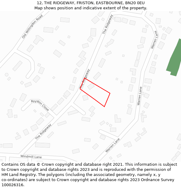 12, THE RIDGEWAY, FRISTON, EASTBOURNE, BN20 0EU: Location map and indicative extent of plot