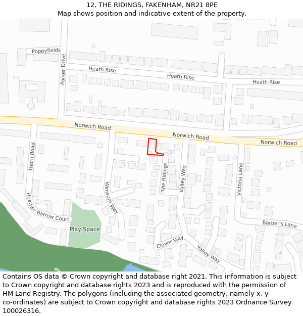 12, THE RIDINGS, FAKENHAM, NR21 8PE: Location map and indicative extent of plot