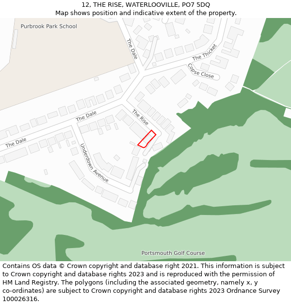 12, THE RISE, WATERLOOVILLE, PO7 5DQ: Location map and indicative extent of plot