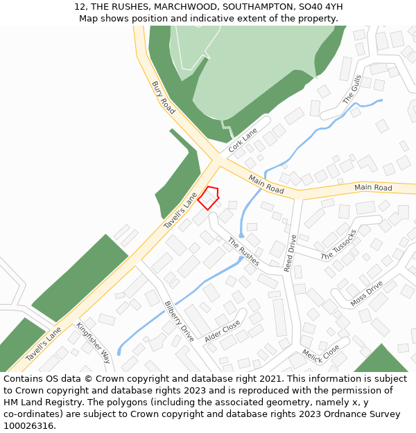 12, THE RUSHES, MARCHWOOD, SOUTHAMPTON, SO40 4YH: Location map and indicative extent of plot