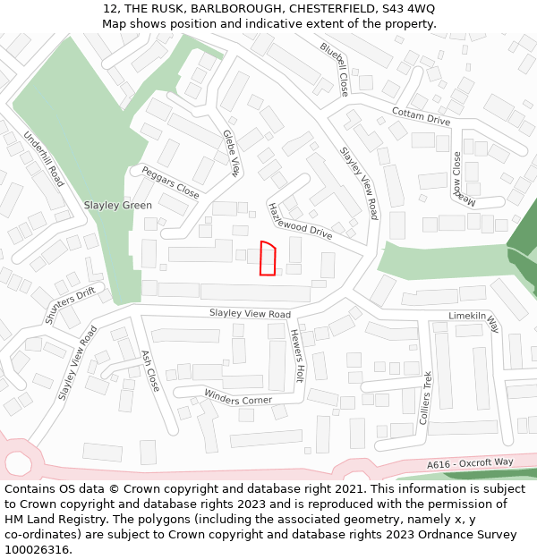 12, THE RUSK, BARLBOROUGH, CHESTERFIELD, S43 4WQ: Location map and indicative extent of plot