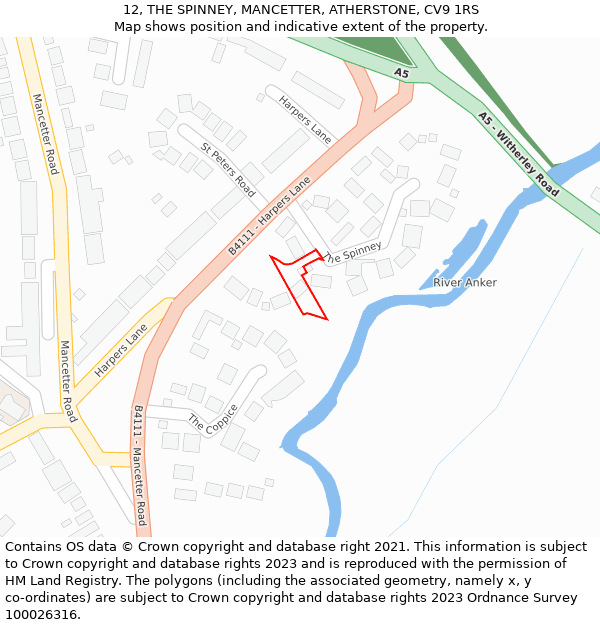 12, THE SPINNEY, MANCETTER, ATHERSTONE, CV9 1RS: Location map and indicative extent of plot