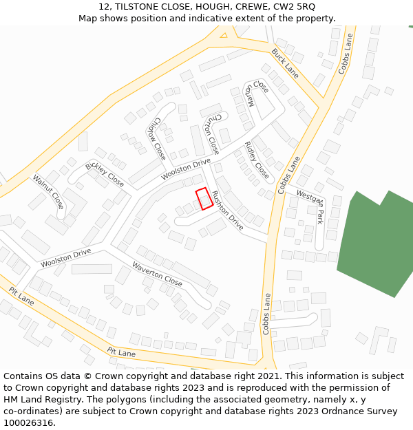 12, TILSTONE CLOSE, HOUGH, CREWE, CW2 5RQ: Location map and indicative extent of plot