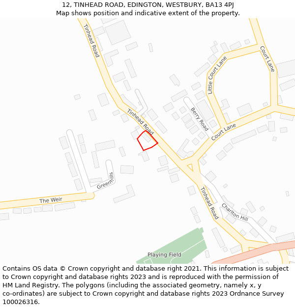 12, TINHEAD ROAD, EDINGTON, WESTBURY, BA13 4PJ: Location map and indicative extent of plot