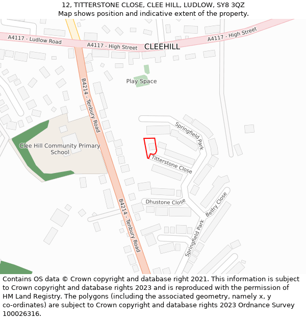 12, TITTERSTONE CLOSE, CLEE HILL, LUDLOW, SY8 3QZ: Location map and indicative extent of plot