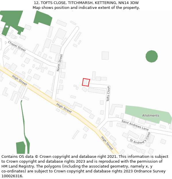 12, TOFTS CLOSE, TITCHMARSH, KETTERING, NN14 3DW: Location map and indicative extent of plot