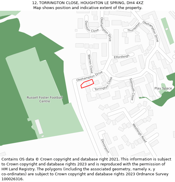 12, TORRINGTON CLOSE, HOUGHTON LE SPRING, DH4 4XZ: Location map and indicative extent of plot