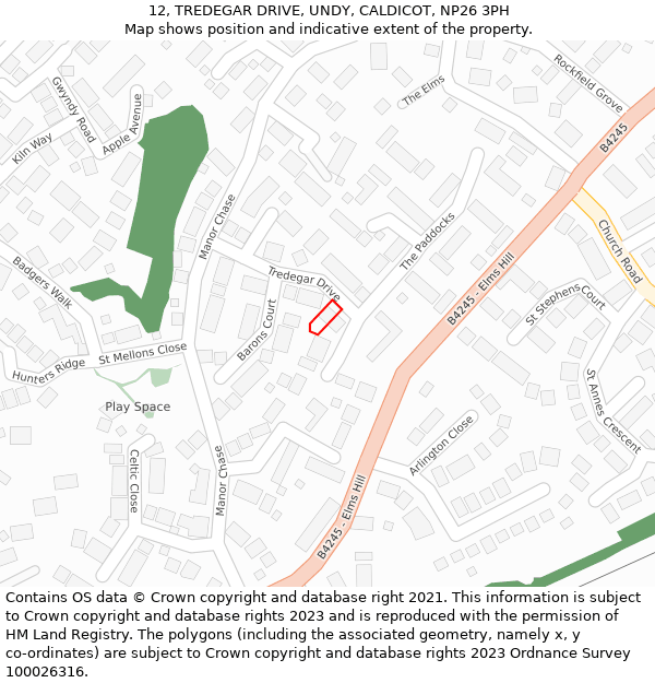 12, TREDEGAR DRIVE, UNDY, CALDICOT, NP26 3PH: Location map and indicative extent of plot