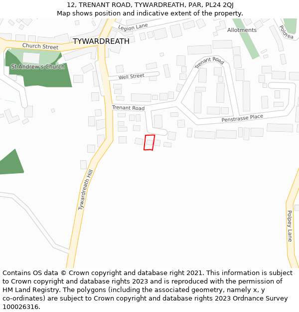 12, TRENANT ROAD, TYWARDREATH, PAR, PL24 2QJ: Location map and indicative extent of plot