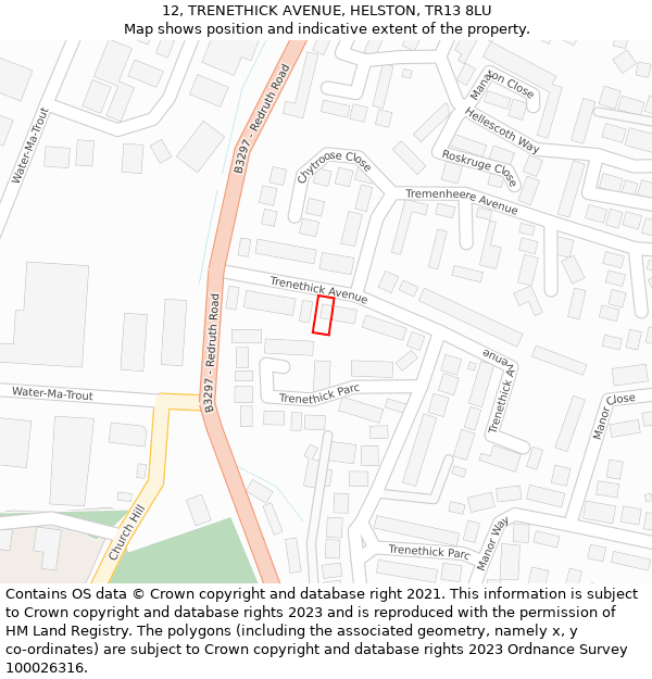 12, TRENETHICK AVENUE, HELSTON, TR13 8LU: Location map and indicative extent of plot