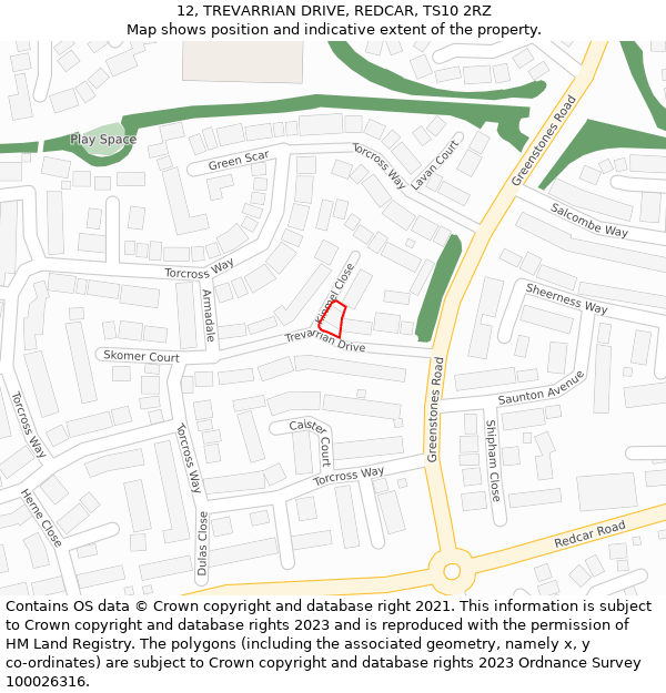 12, TREVARRIAN DRIVE, REDCAR, TS10 2RZ: Location map and indicative extent of plot