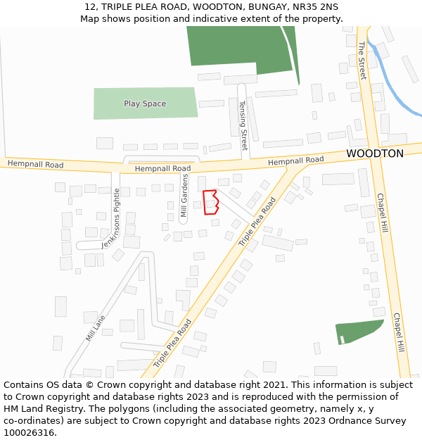 12, TRIPLE PLEA ROAD, WOODTON, BUNGAY, NR35 2NS: Location map and indicative extent of plot