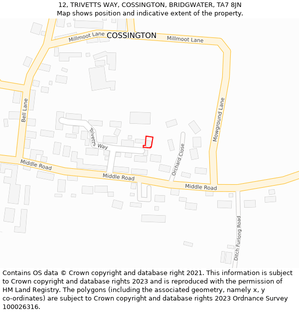 12, TRIVETTS WAY, COSSINGTON, BRIDGWATER, TA7 8JN: Location map and indicative extent of plot