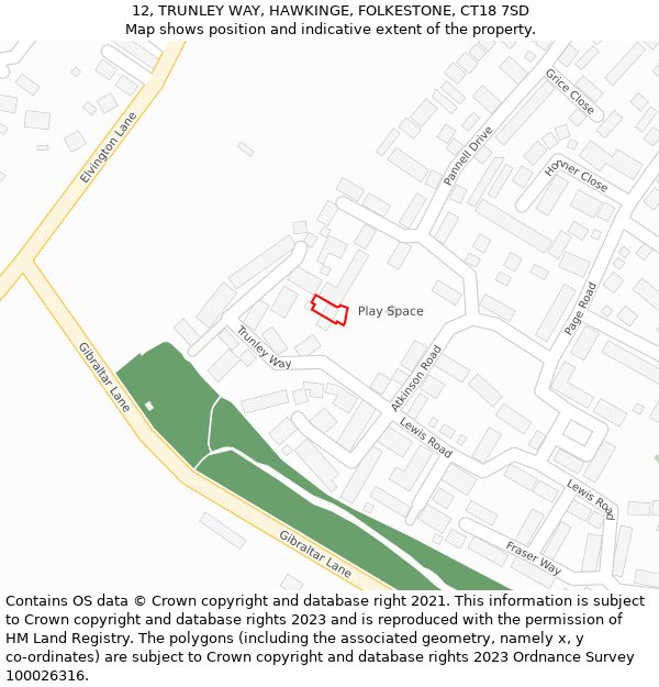 12, TRUNLEY WAY, HAWKINGE, FOLKESTONE, CT18 7SD: Location map and indicative extent of plot