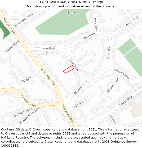 12, TUDOR ROAD, GODALMING, GU7 3QB: Location map and indicative extent of plot