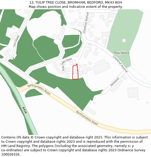 12, TULIP TREE CLOSE, BROMHAM, BEDFORD, MK43 8GH: Location map and indicative extent of plot