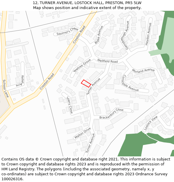 12, TURNER AVENUE, LOSTOCK HALL, PRESTON, PR5 5LW: Location map and indicative extent of plot