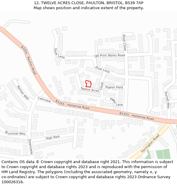 12, TWELVE ACRES CLOSE, PAULTON, BRISTOL, BS39 7AP: Location map and indicative extent of plot