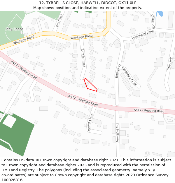 12, TYRRELLS CLOSE, HARWELL, DIDCOT, OX11 0LF: Location map and indicative extent of plot