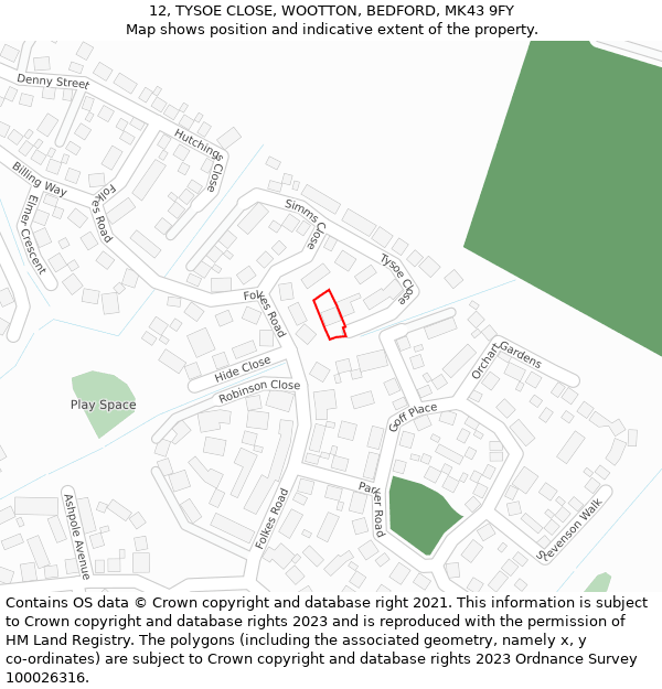 12, TYSOE CLOSE, WOOTTON, BEDFORD, MK43 9FY: Location map and indicative extent of plot